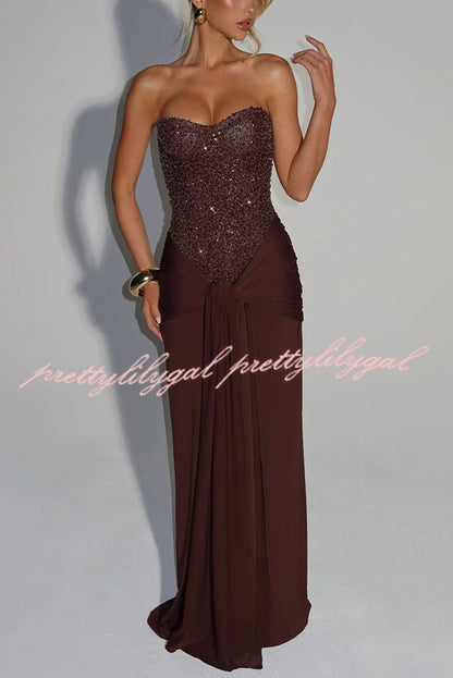 Carina Sequined and Satin Jersey Off Shoulder Ruched Knot Drape Maxi Dress