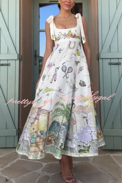 Euro Summer View Linen Blend Unique Print Tie-up Straps Pocket Midi Dress