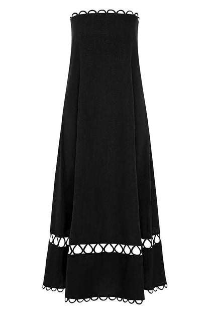 Gina Linen Blend Scallop Cutout Trim Strapless A-line Midi Dress