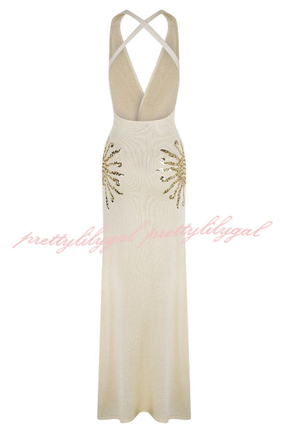Sparkling Nights Knit Sunburst Sequin Detail Back Cross Straps Stretch Maxi Dress
