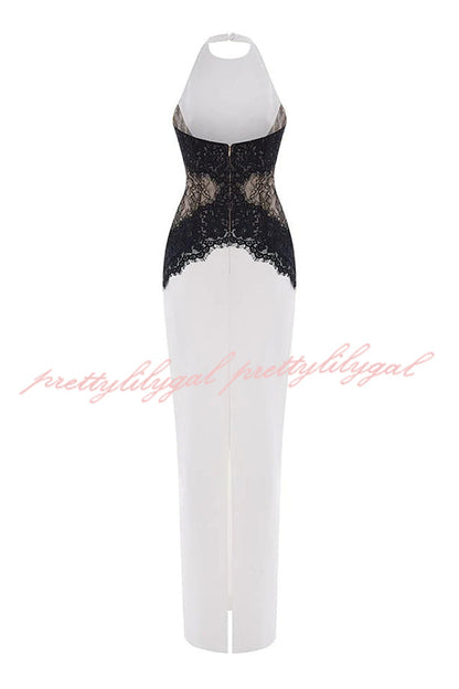 Sexy Halterneck Lace Paneled Backless Slim Maxi Dress