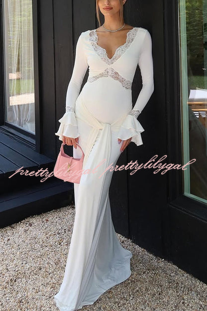 Fashion Lace Splicing Sexy V-neck Long-sleeved Slim Maxi Dress