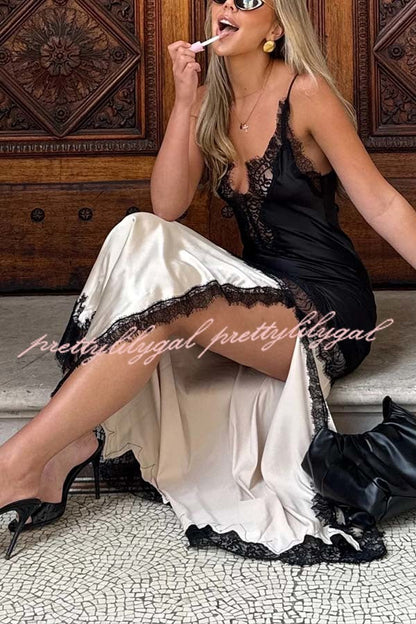 Soft and Romantic Satin Lace Trim Colorblock V-neck Side Slit Maxi Dress
