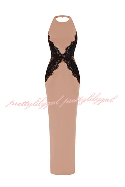 Sexy Halterneck Lace Paneled Backless Slim Maxi Dress