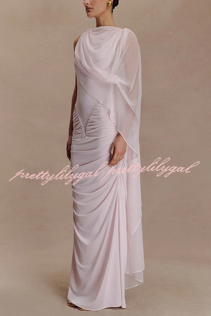 Fashionable Mesh Shawl Sleeveless Slim Fit Pleated Maxi Dress