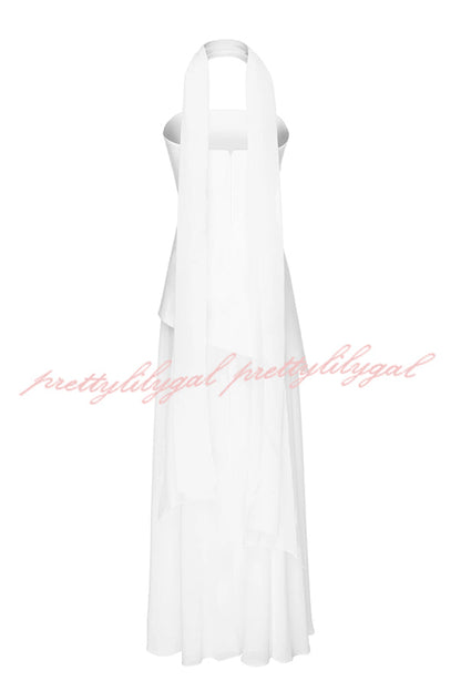 Monaco Off Shoulder Structured Top Chiffon Slit Hem Scarf Maxi Dress