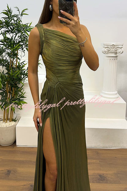Fashion One-shoulder Pleated Ribbon Slim Slit Maxi Dress