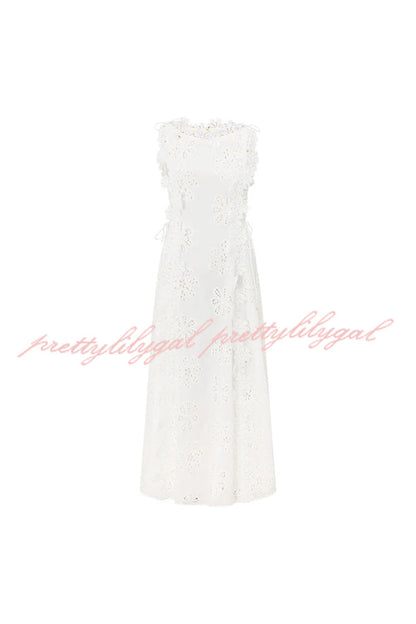 Mairi Embroidery Hollow Fabric Delicate Flower Trim Side Lace-up Maxi Dress