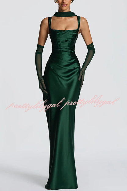 Calanthe Satin Square Neck Ruched Back Lace-up Drape Mesh Scarf Maxi Dress