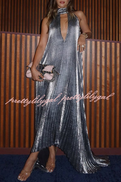 Celebration Party Pleated Metallic Fabric High Deep V-cutout Halter Neck A-line Maxi Dress