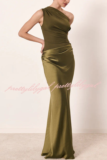 Kaia Satin Contrast Fabric Patchwork One Shoulder Ruched Maxi Dress