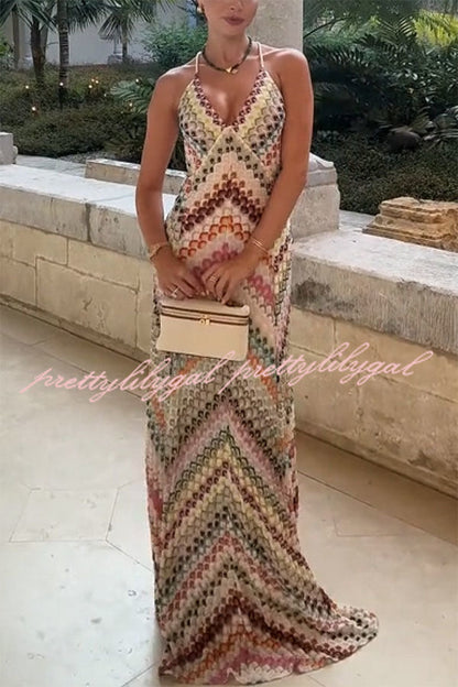 Missoni Summer Knit Colorful Herringbone Print Open Beck Maxi Dress
