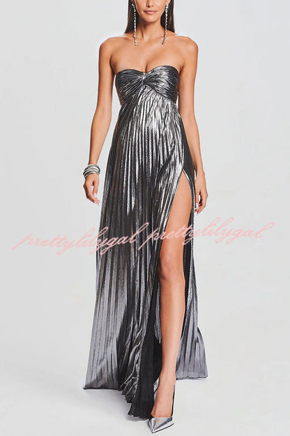 Metallic Sexy Tube Top Pleated High Slit Maxi Dress