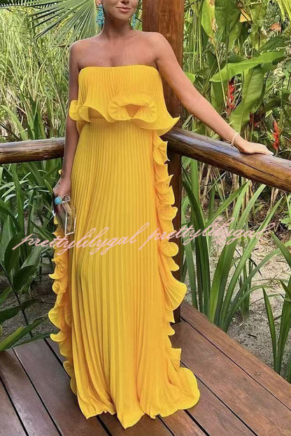 Reina Chiffon Pleated Wavy Ruffles Trim Strapless Loose Maxi Dress