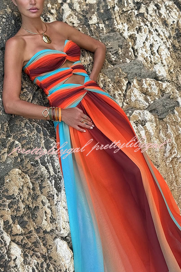 Sardinia Sunset Mesh Printed Twist Cutout Off Shoulder Vacation Maxi Dress