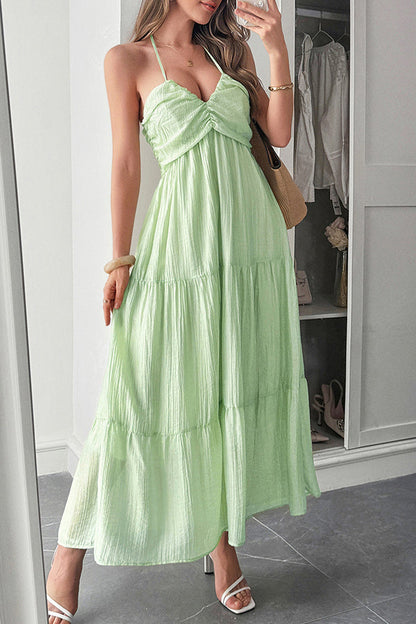 Solid Color Halterneck Tie Casual Holiday Style Maxi Dress