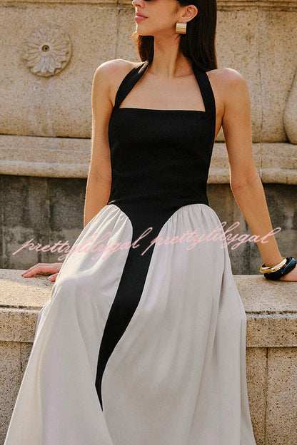 Fashion Contrast Color Stitching Sleeveless Backless Slim Maxi Dress