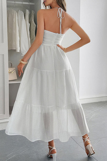 Solid Color Halterneck Tie Casual Holiday Style Maxi Dress