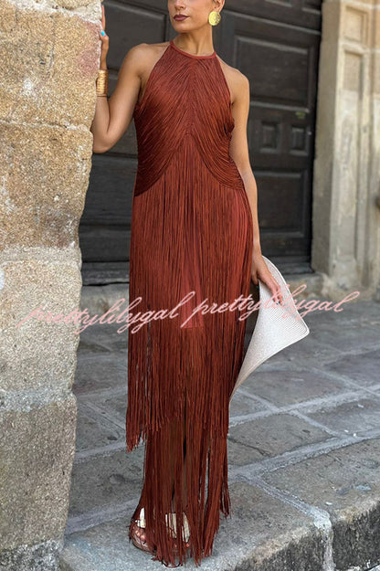 Fashion Sleeveless Halter Neck Elegant Tassel Slim Maxi Dress