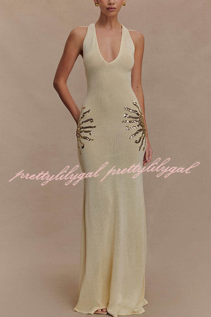 Sparkling Nights Knit Sunburst Sequin Detail Back Cross Straps Stretch Maxi Dress