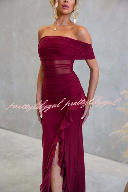 Sexy Mesh Off-shoulder Slim Fit Ruffled Slit Maxi Dress