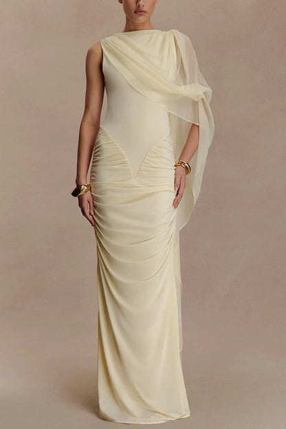 Fashionable Mesh Shawl Sleeveless Slim Fit Pleated Maxi Dress
