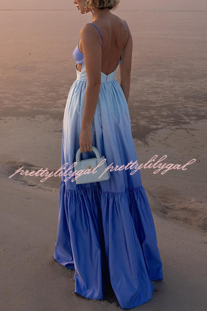 Ocean Breeze Gradient Color Print Cutout Waist Tiered Maxi Dress