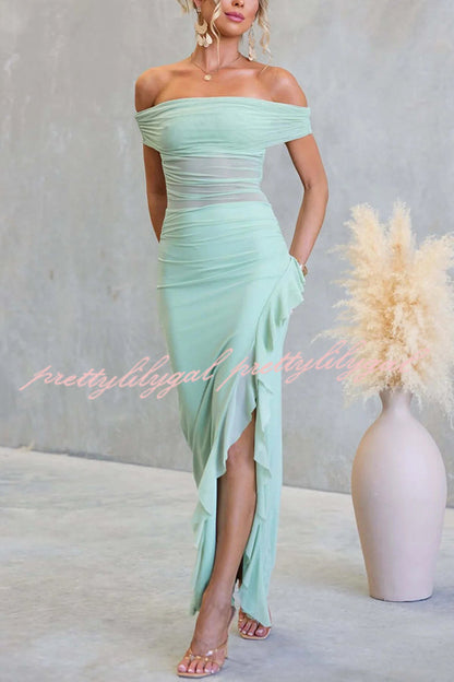 Sexy Mesh Off-shoulder Slim Fit Ruffled Slit Maxi Dress