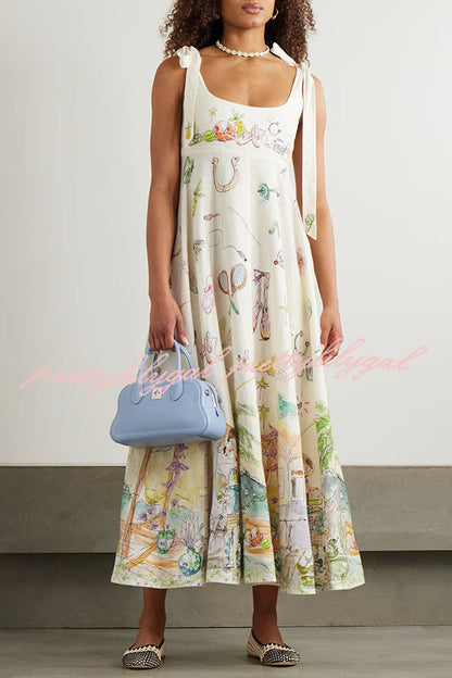 Euro Summer View Linen Blend Unique Print Tie-up Straps Pocket Midi Dress