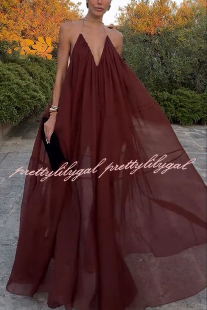 Flowing Lightweight Chiffon Chain Halter Neck Detail Backless A-line Maxi Dress
