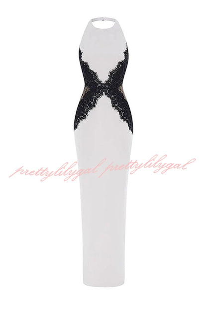 Sexy Halterneck Lace Paneled Backless Slim Maxi Dress