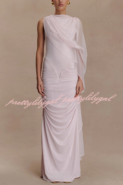 Fashionable Mesh Shawl Sleeveless Slim Fit Pleated Maxi Dress