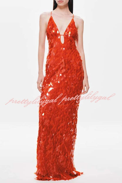Reshape Beauty Fish Scale Sequin Cutout U-neck Slip Maxi Dress