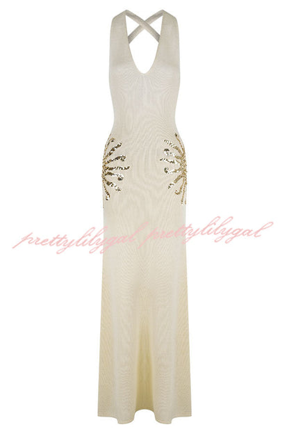 Sparkling Nights Knit Sunburst Sequin Detail Back Cross Straps Stretch Maxi Dress