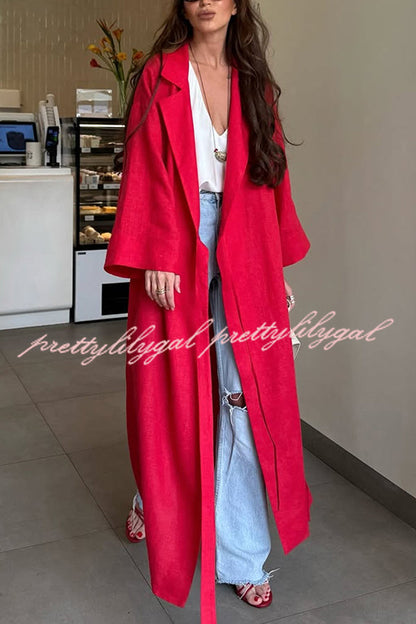 Linen Blend Solid Color Casual Lapel Tie Loose Maxi Dress