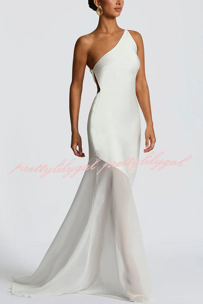 Fable Satin One Shoulder Back Adjustable Straps Contrast Chiffon Hem Maxi Dress