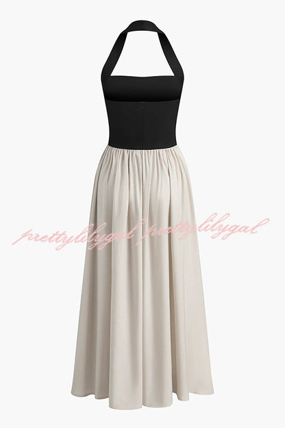 Fashion Contrast Color Stitching Sleeveless Backless Slim Maxi Dress