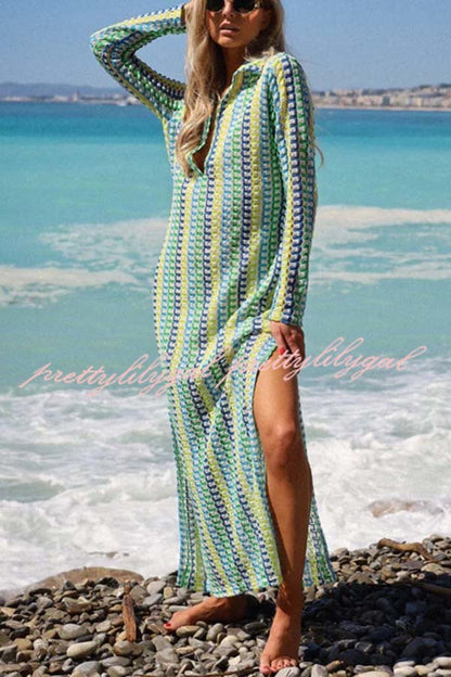 Eleanor Knit Colorful Wave Unique Print Shirt U-neck Long Sleeve Slit Maxi Dress