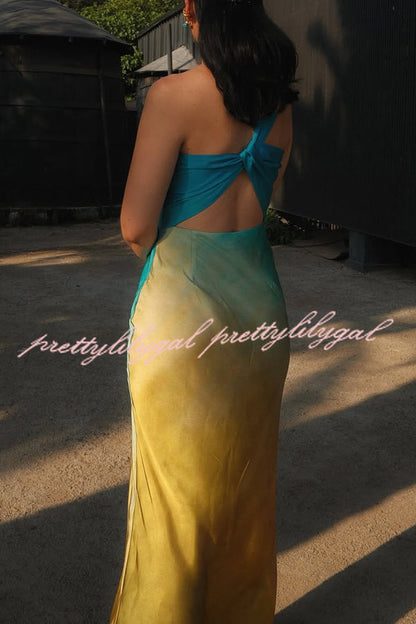Satin Ombre One Shoulder Backless Fitted Maxi Dress