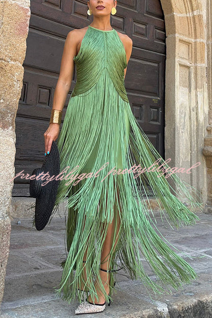 Fashion Sleeveless Halter Neck Elegant Tassel Slim Maxi Dress