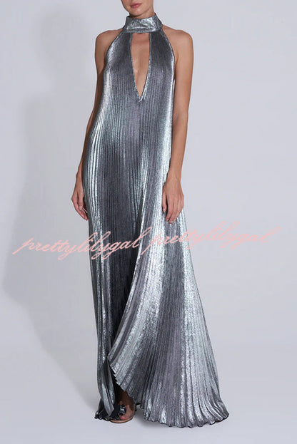 Celebration Party Pleated Metallic Fabric High Deep V-cutout Halter Neck A-line Maxi Dress