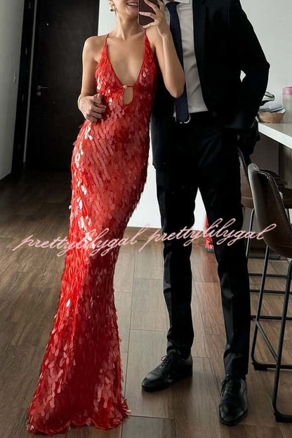 Reshape Beauty Fish Scale Sequin Cutout U-neck Slip Maxi Dress