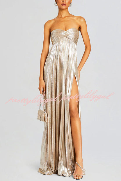 Metallic Sexy Tube Top Pleated High Slit Maxi Dress