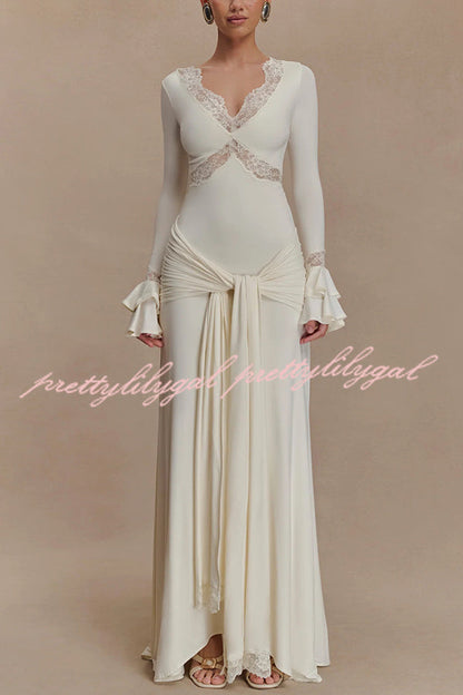 Fashion Lace Splicing Sexy V-neck Long-sleeved Slim Maxi Dress