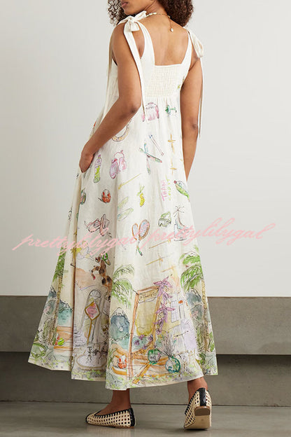 Euro Summer View Linen Blend Unique Print Tie-up Straps Pocket Midi Dress