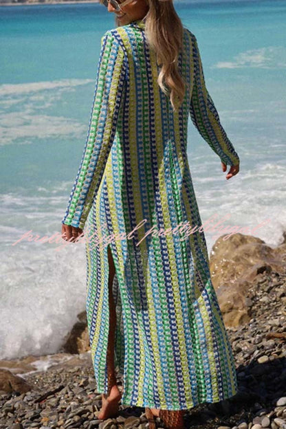 Eleanor Knit Colorful Wave Unique Print Shirt U-neck Long Sleeve Slit Maxi Dress