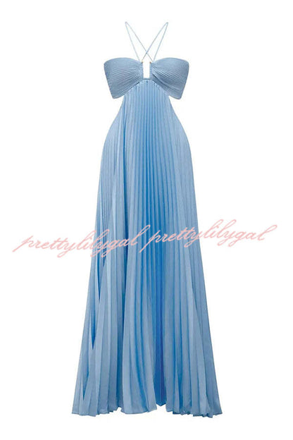 Caught Your Eye Satin Pleated Cross Straps Cutout Flowing Maxi Dress