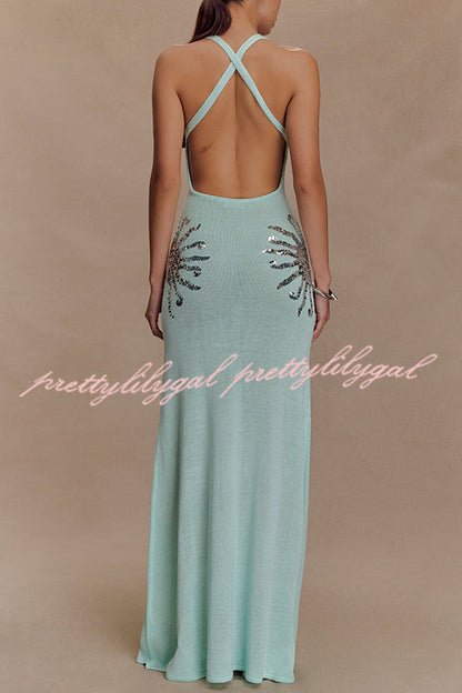 Sparkling Nights Knit Sunburst Sequin Detail Back Cross Straps Stretch Maxi Dress