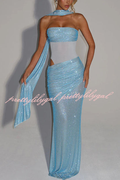 Kailani Sequin Strapless Mesh Cutout Waist Ruched Scarf Maxi Dress
