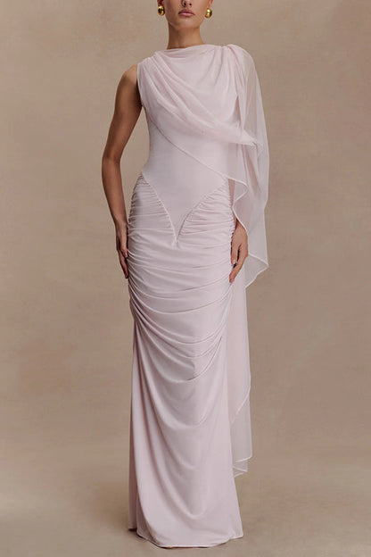 Fashionable Mesh Shawl Sleeveless Slim Fit Pleated Maxi Dress